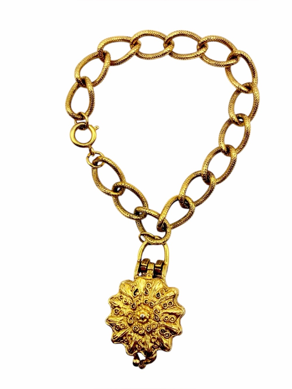 Vintage textured gold tone link medallion locket charm bracelet
